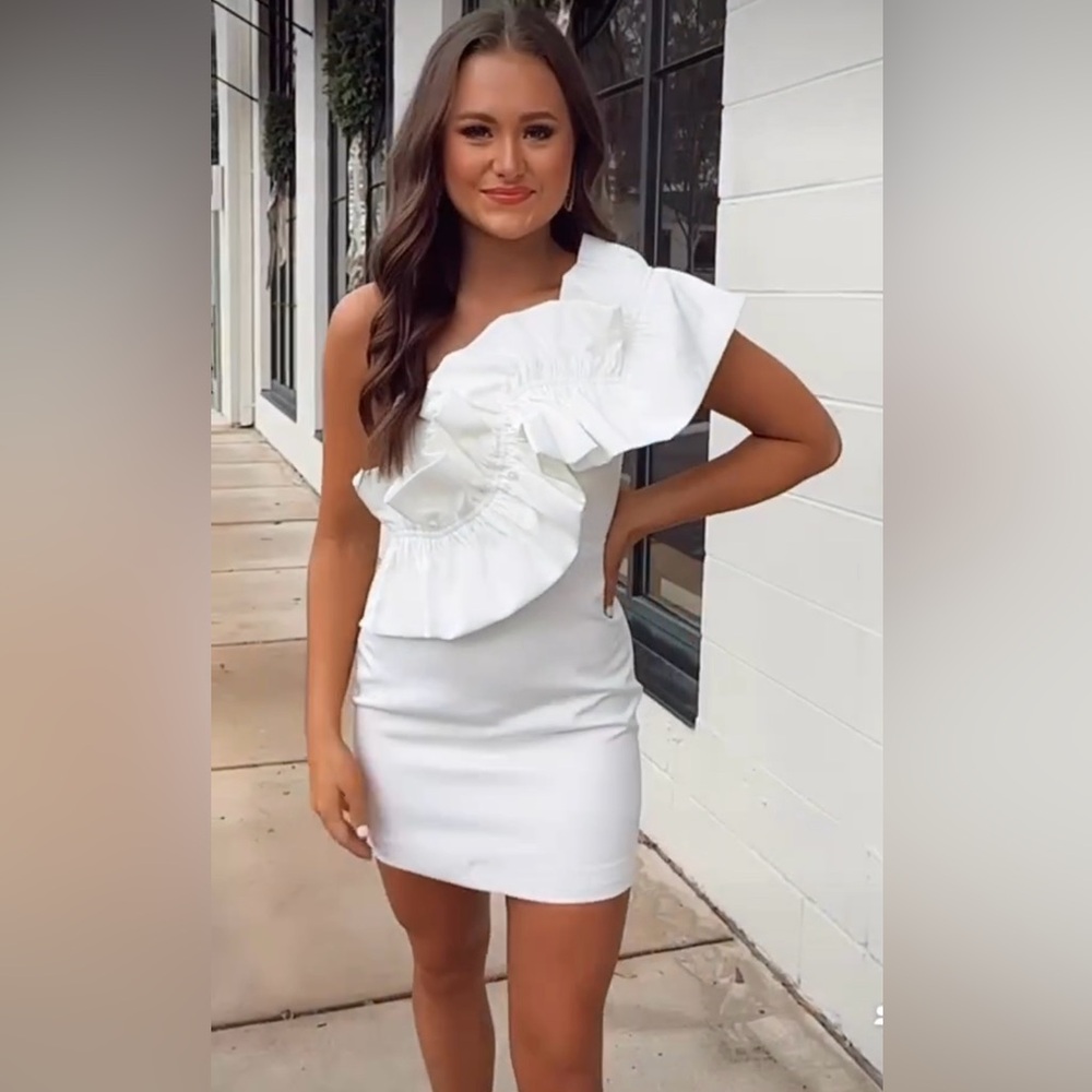 South Boutique White Ruffle One Shoulder Dress